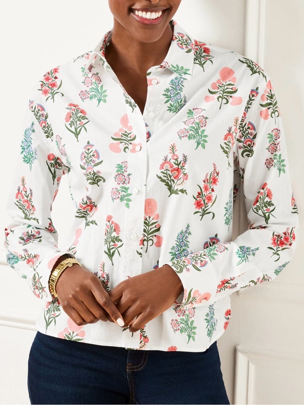 Talbots Poplin Button-Up Shirt White Floral Radiance 100% Cotton Size 2X